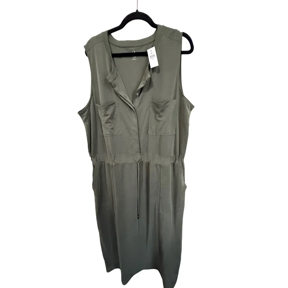 NWT Lou and Grey Olive Green Sleeveless Drawstring Waist Dress‎ Utility Pockets